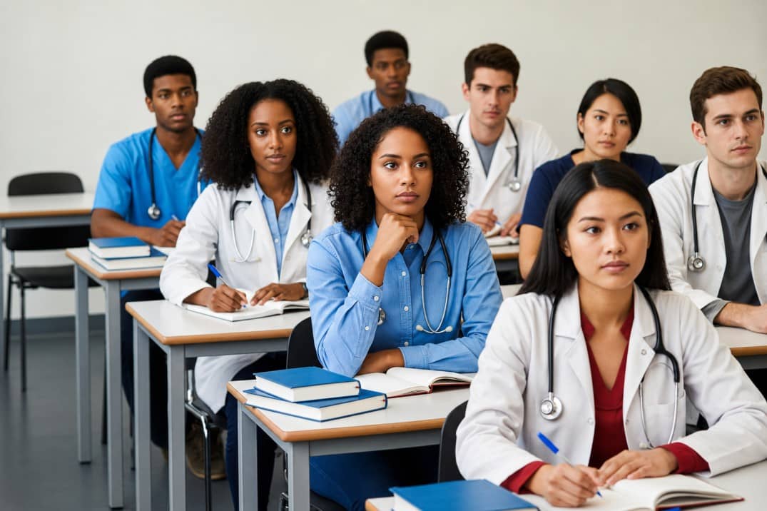 A lecture room of medical students at desks, all facing the same way.