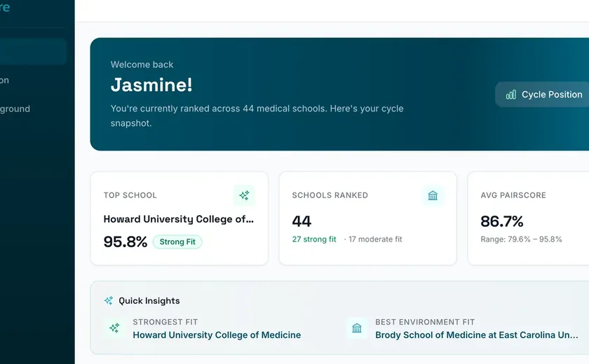 The PairScore student dashboard, showing a ranked school list with a top school, the number of schools ranked, an average PairScore and this cycle's ranking changes.
